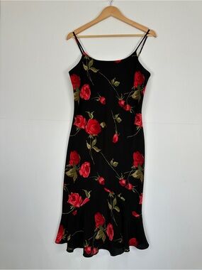 Jessica Black Rose Print Slip Dress Satin Cami Midi 90s Style Size 10